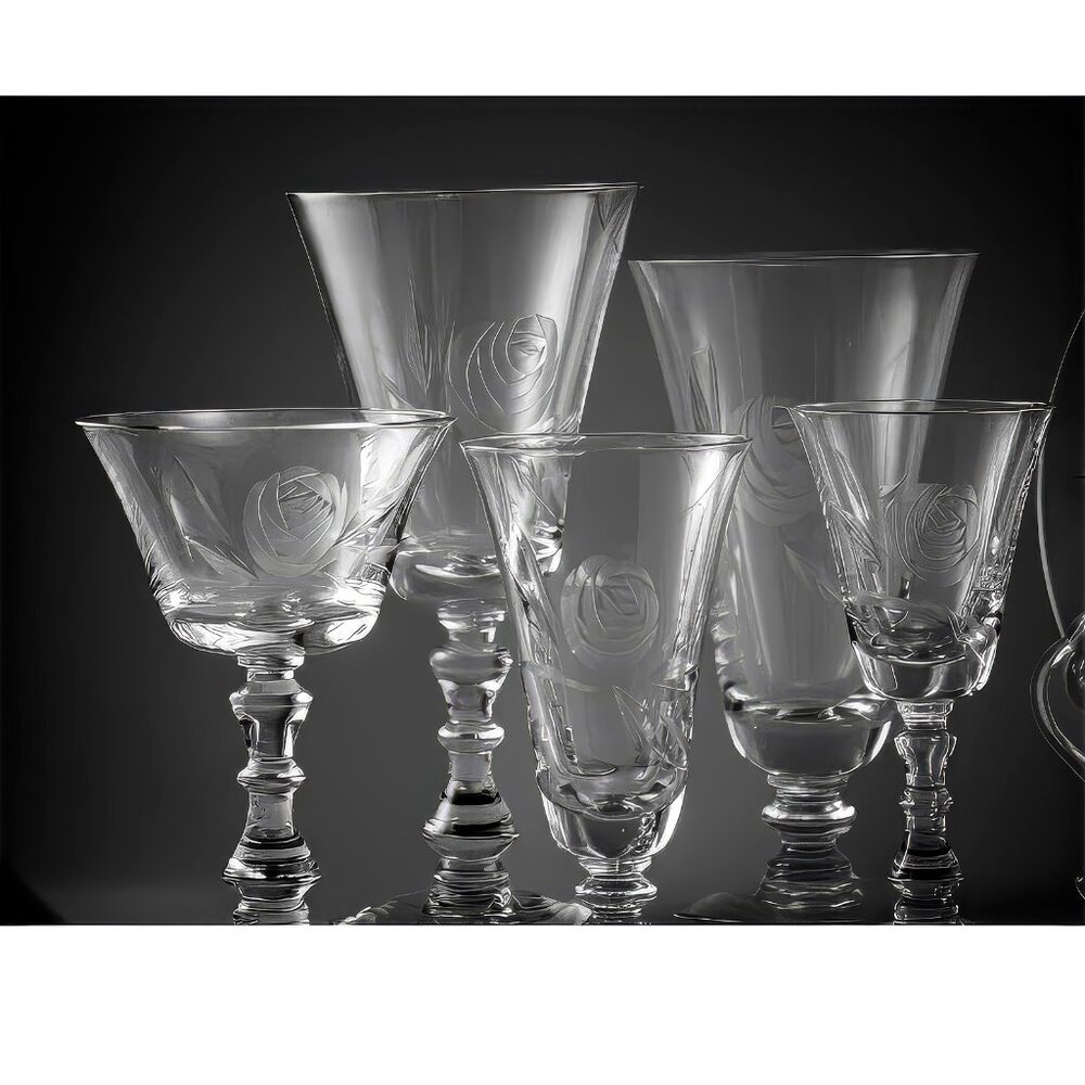 77 Items Fostoria Rose Cut Crystal Stemware, Plates, Cups, Platter Vintage